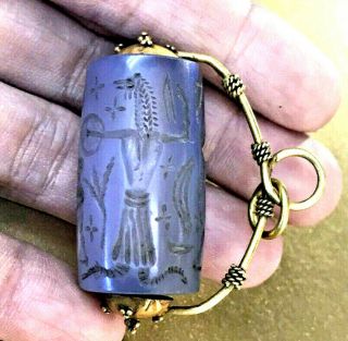 Meso Cylinder Seal Intaglio Horse Head God Delivered Baby 22k Solid Gold Pendant