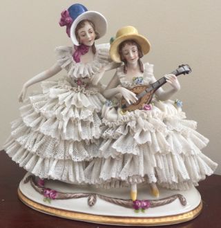 Antique Ackermann Fritze Dresden Lace Figurine Ladies On Couch Sofa Mandoline