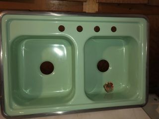 Old Stock Green Vintage Double Basin Kitchen Sink,  Hudee Ring 32 X 21”