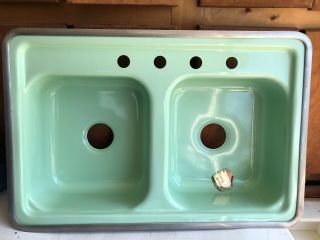 OLD STOCK Green Vintage Double Basin Kitchen Sink,  Hudee Ring 32 X 21” 3