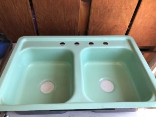 OLD STOCK Green Vintage Double Basin Kitchen Sink,  Hudee Ring 32 X 21” 4
