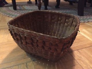 19th Century Square Form Splint Basket Handless Table Top Form W Curls Well Made