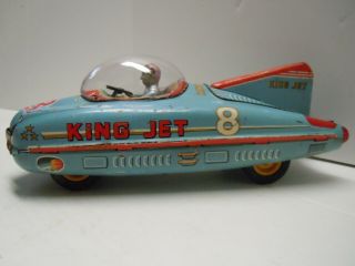 Rare & Big Japan TKK 1950 ' S Tin Friction King Jet Space Race Car.  RUNS. 2