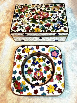 Antique Japanese Silver On Copper Art Deco Cloisonne Table Box & Dish White