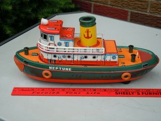 1960s MT/Masudaya Japan Tin Battery Op Multi - Action Neptune Tug Boat.  A, . 12