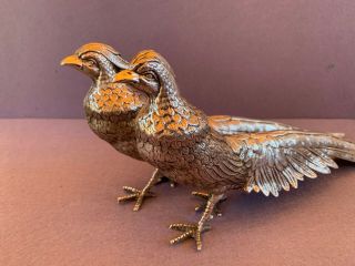 REALISTIC PAIR SPANISH STERLING SILVER 925 PHEASANTS FIGURINES BIRDS.  346 gr 4