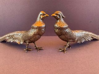 REALISTIC PAIR SPANISH STERLING SILVER 925 PHEASANTS FIGURINES BIRDS.  346 gr 7