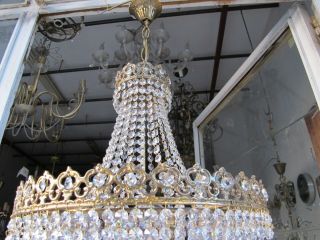 Antique Vnt Austrian Real Swarovski Crystal Chandelier Lamp 1940s 16in Ø dmtr RR 11