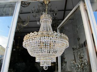 Antique Vnt Austrian Real Swarovski Crystal Chandelier Lamp 1940s 16in Ø dmtr RR 12