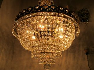 Antique Vnt Austrian Real Swarovski Crystal Chandelier Lamp 1940s 16in Ø dmtr RR 2