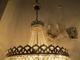 Antique Vnt Austrian Real Swarovski Crystal Chandelier Lamp 1940s 16in Ø dmtr RR 3