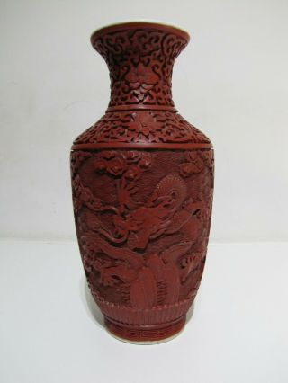 Chinese Cinnabar Lacquer Ware Dragon Vase On Porcelain Carved Antique Vintage