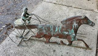 Vintage Copper Horse And Jockey In Sulky Weathervane