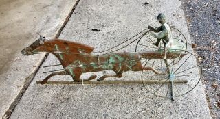 Vintage Copper Horse and Jockey in Sulky Weathervane 3