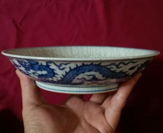 Rare Chinese Blue And White Dragon Crackled Dish W/ Mark