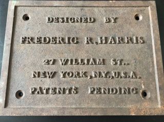 Vintage Cast Iron Bldg Plaque Sign Frederic R Harris 27 William St N.  Y.  Design