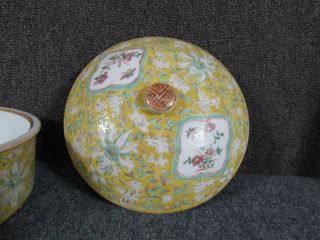 ANTIQUE or VINTAGE CHINESE YELLOW PORCELAIN POT with LID,  FLORAL DCORATION 3