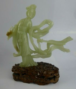 Chinese Carved Jade Figure Statue Guanyin On Wooden Base - Exceptional Mid C20th