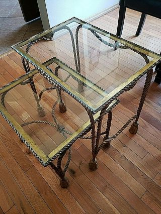 Pair VTG Italian Hollywood Regency Gilt Metal Rope Tassel Nesting Side Tables 2