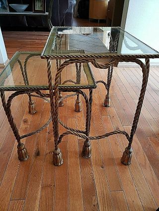 Pair VTG Italian Hollywood Regency Gilt Metal Rope Tassel Nesting Side Tables 3