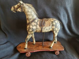 Antique Turn Of The Century Wood Wooden Horse Pull Toy For Doll