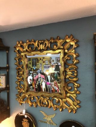 Vintage Hand Carved Italian Rococo Style Antiqued Painted Gilt Wood Mirror