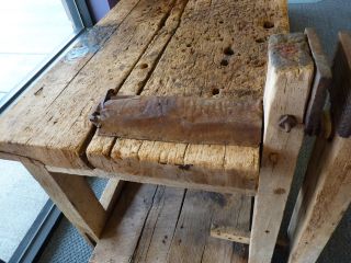 Antique Primitive HUGE Barn Rescue Carpenter ' s Workbench with Plank Top and Vise 10