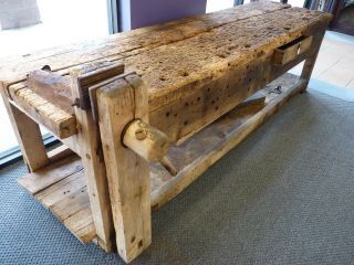 Antique Primitive HUGE Barn Rescue Carpenter ' s Workbench with Plank Top and Vise 2