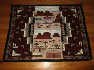 Vintage Native American Indian Navajo Pictorial Mesa Blanket Rug 55 