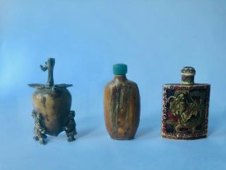Three Antique Chinese Snuff Bottles,  One With Gold Inlay