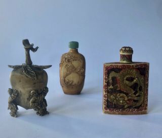 Three Antique Chinese Snuff Bottles,  one with gold inlay 3