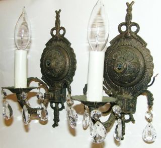 2 French Brass Victorian Crystal Sconces Chandelier Wall Fixture Antique Light