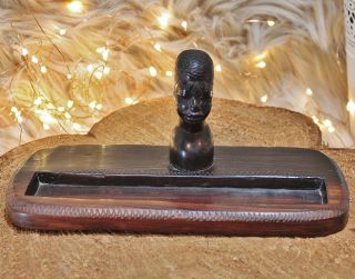 Vintage African Man Bust Head Inkwell Pen Holder Carved Wood 8.  75 " Long Display