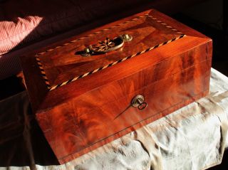 American Late Federal Period Mahogany Compass Rose Inlaid Jewelry Box C.  1850