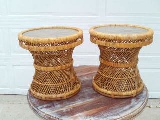 Vintage Bohemian Wicker Plant Stand Side Table