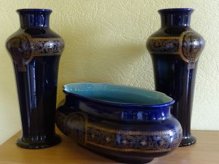 Two Vases,  Basket French Faience Majolica Faience Sarreguemines Blue Cobalt