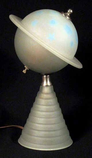 1930s Scarce Vintage Saturn Planet Atomic Table Lamp Art Deco Frosted Glass