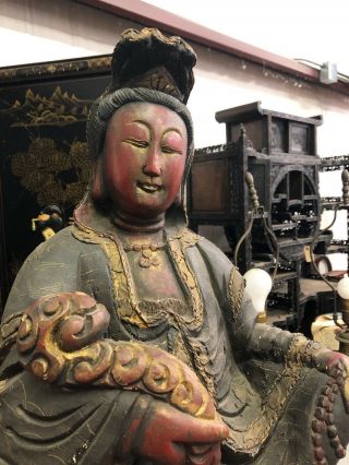 Large Antique ? Chinese Hand Carved Wood KWAN - YIN Seated 22” 11