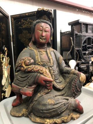 Large Antique ? Chinese Hand Carved Wood KWAN - YIN Seated 22” 12