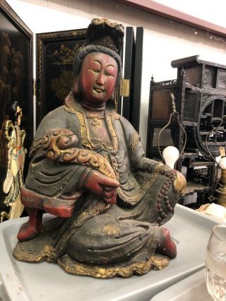 Large Antique ? Chinese Hand Carved Wood Kwan - Yin Seated 22”