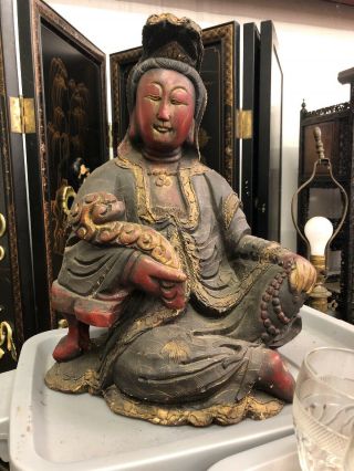 Large Antique ? Chinese Hand Carved Wood KWAN - YIN Seated 22” 2