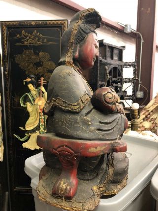 Large Antique ? Chinese Hand Carved Wood KWAN - YIN Seated 22” 3