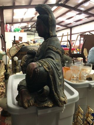 Large Antique ? Chinese Hand Carved Wood KWAN - YIN Seated 22” 5