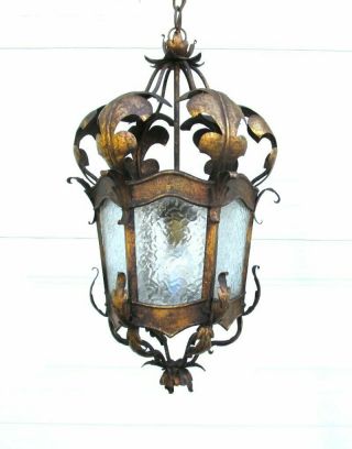 Vintage Antique Cast Metal Gold French Fluer De Lis Style Lantern Chandelier