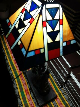 Remington Cowboy Horse rider bronze table lamp w/ Stained Glass Shade 10