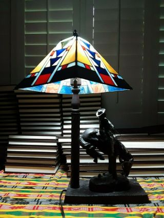 Remington Cowboy Horse Rider Bronze Table Lamp W/ Stained Glass Shade