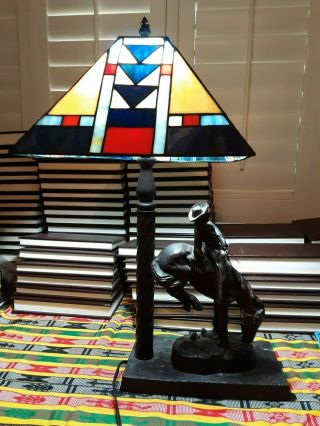 Remington Cowboy Horse rider bronze table lamp w/ Stained Glass Shade 2