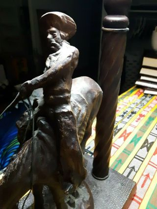 Remington Cowboy Horse rider bronze table lamp w/ Stained Glass Shade 5