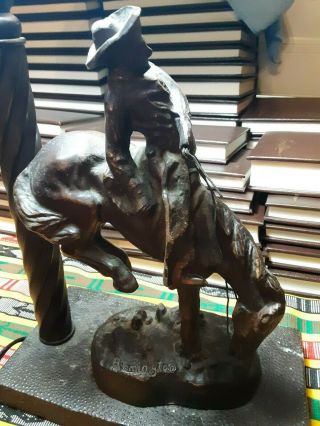 Remington Cowboy Horse rider bronze table lamp w/ Stained Glass Shade 6