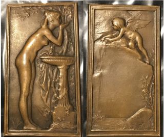 Daniel Dupuis French Art Nouveau Bronze Plaque La Source Double Sided Small T53